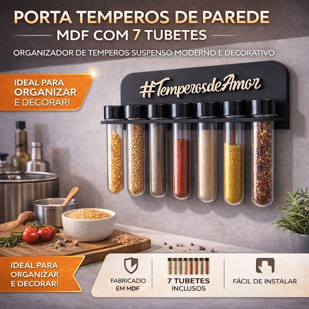 Porta Temperos - 7 Tubetes - MDF Frase Personalizada Preto Fosco