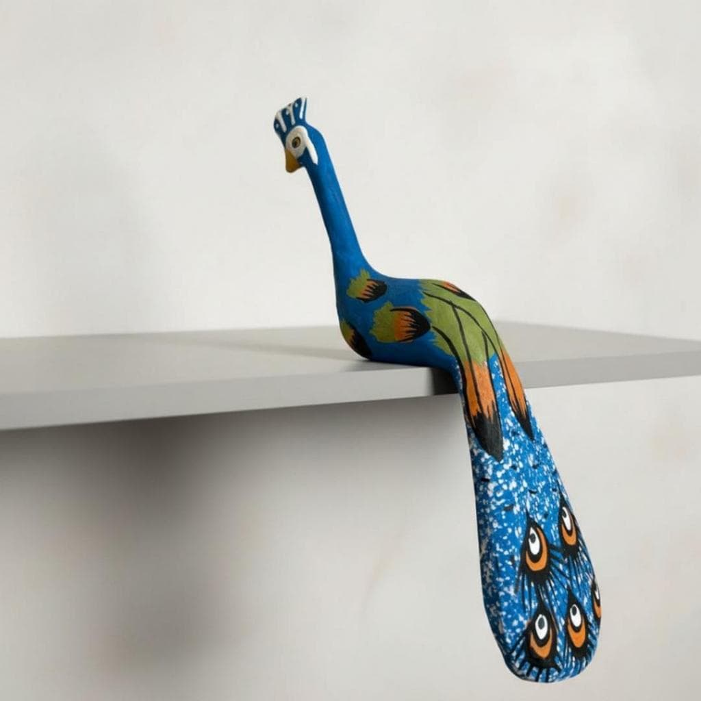 Escultura De Pavão Pousado Em Madeira Decoração Rústica Azul Artesanal Pintado à mão