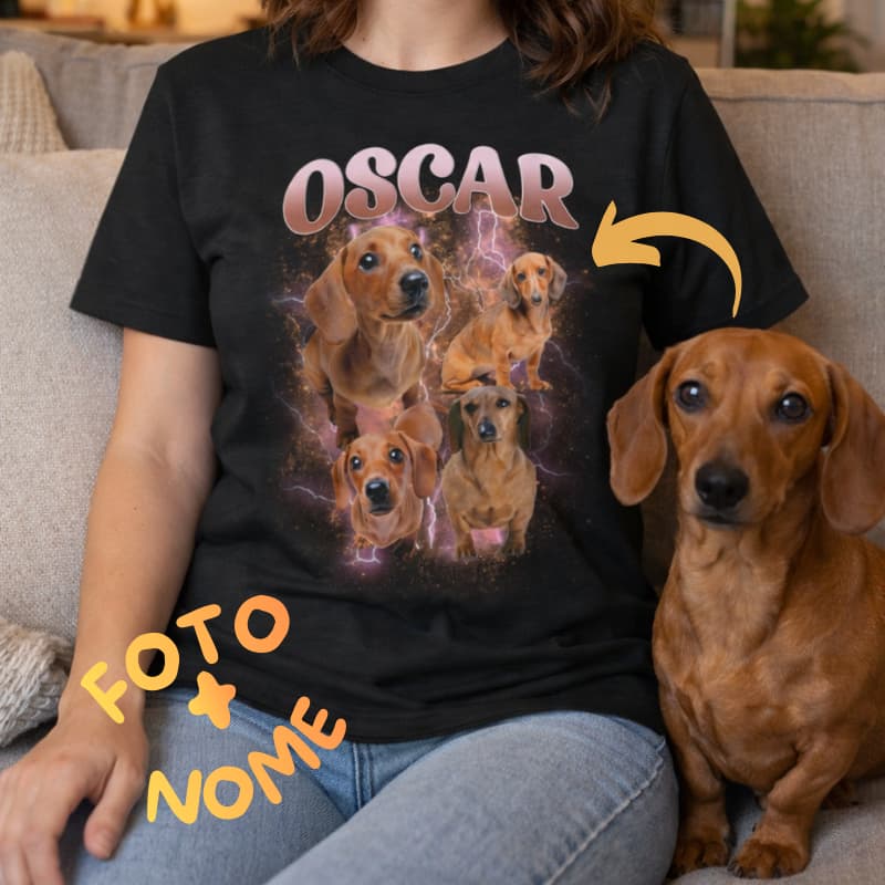 Camiseta Personalizada com Foto do Pet Estilo Streetwear | Até 5 Fotos | Camisa Custom com Fundo Raio Colorido