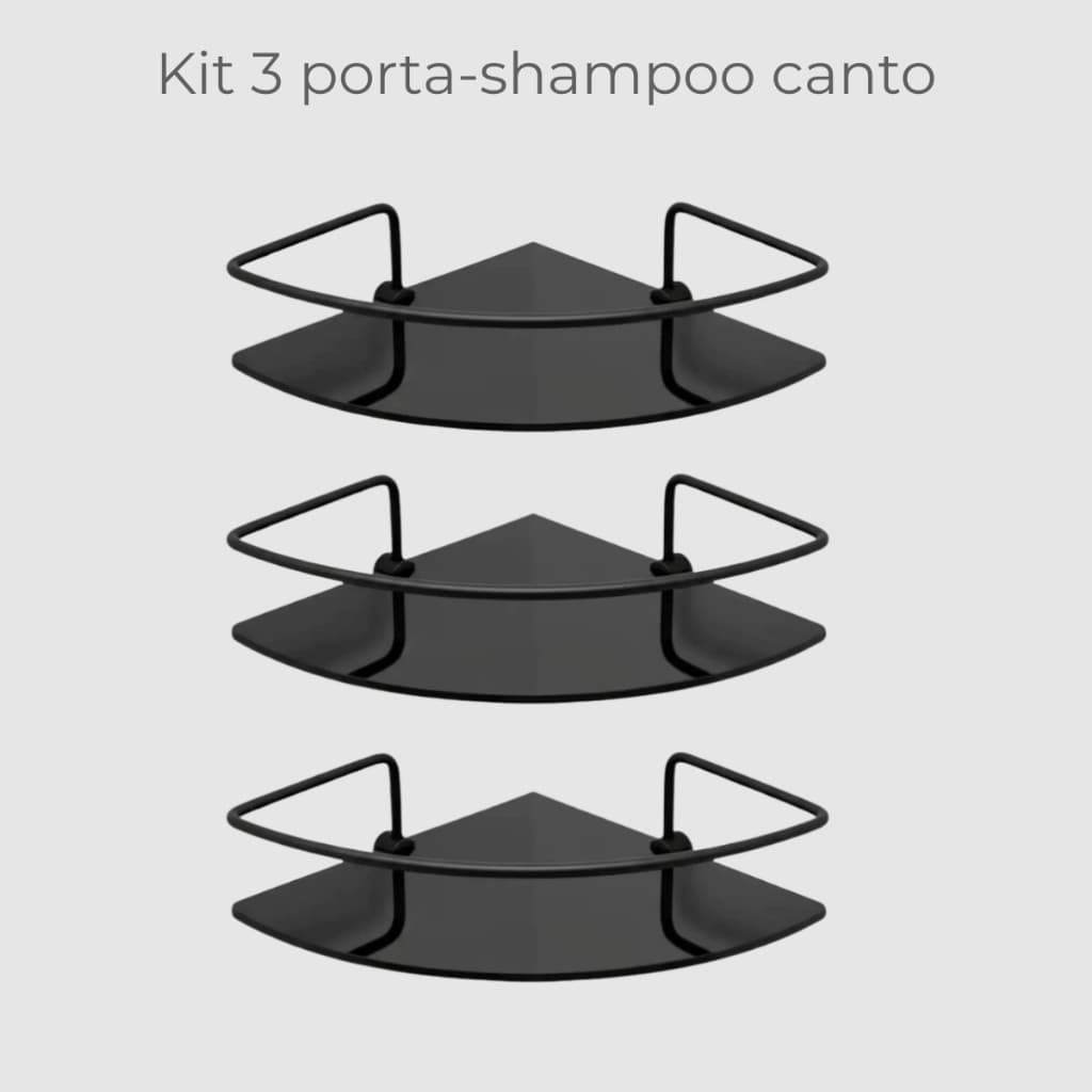 Kit 3 Porta Shampoo Canto Vidro Cantoneira Preto com Haste Preto