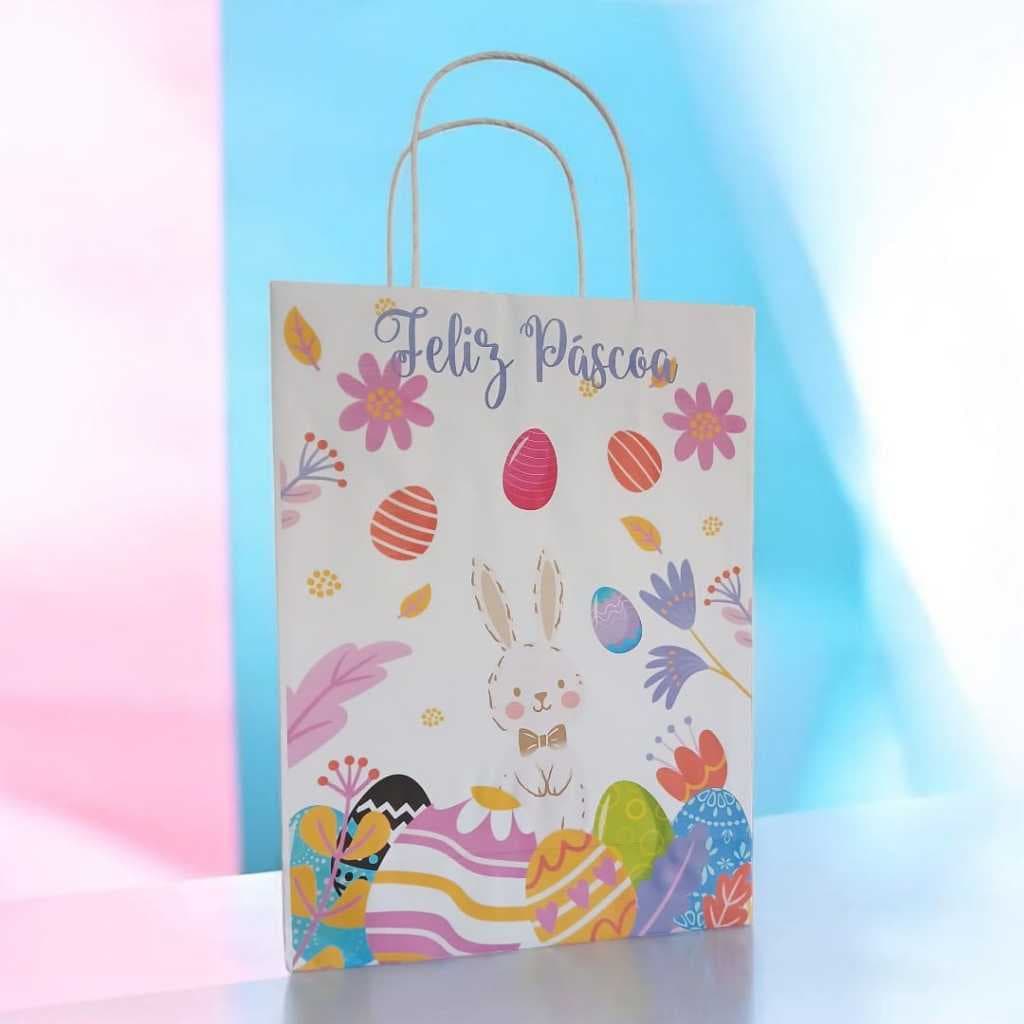 Sacola Papel Branco 90g Personalizada Páscoa Lembrancinhas Ovos Doces Chocolates Kits Bombons Kits Presentes Pcts C/ 25