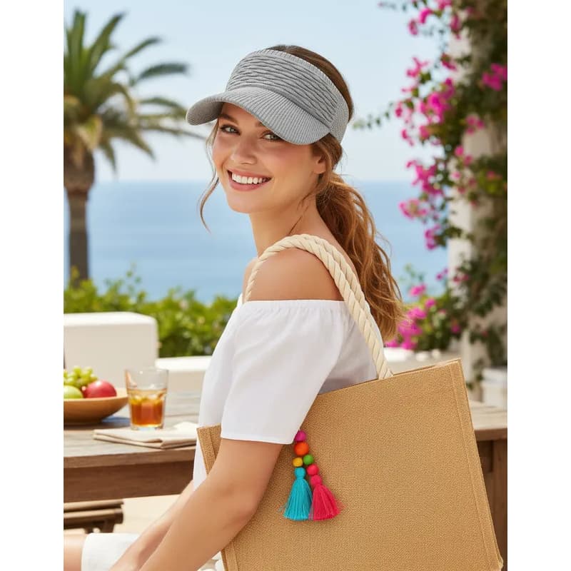 Kit Bolsa Palha Feminina + Viseira Aba Longa Piscina Praia