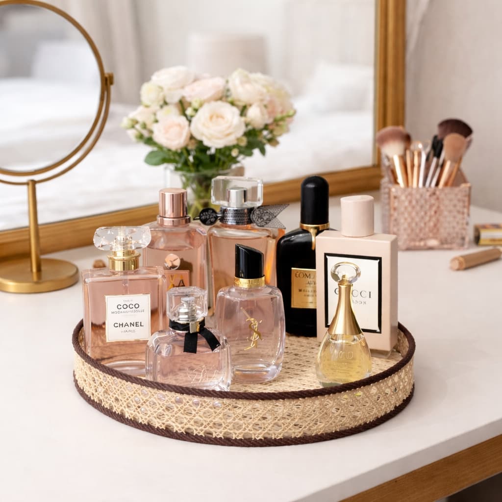 Bandeja Decorativa de Rattan Redonda Luxo – Organizador para Banheiro, Lavabo e Penteadeira e perfumes