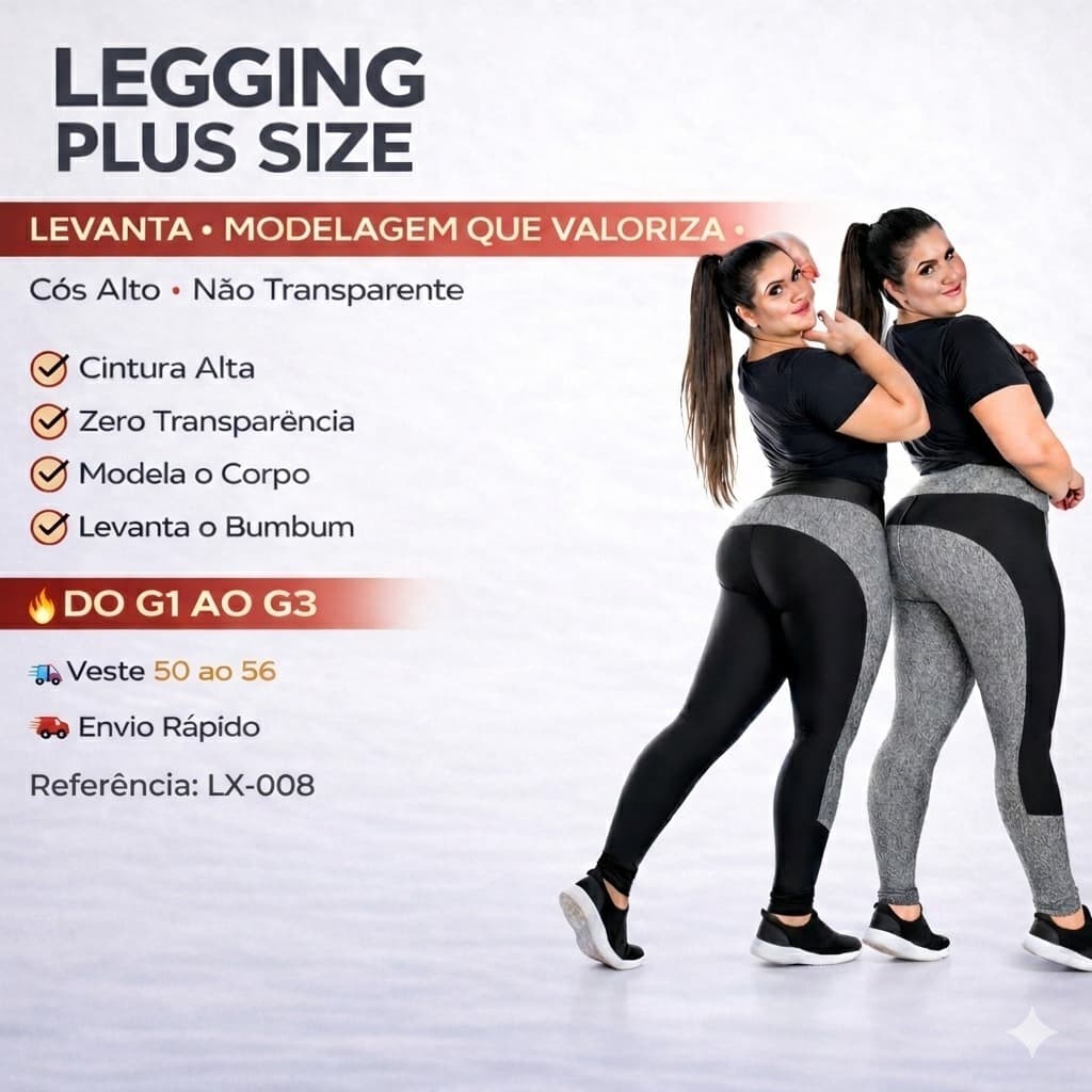 Calça Legging Plus Size Feminina Cós Alto Levanta Bumbum Suplex Academia G1 G2 G3 Veste 50 ao 56