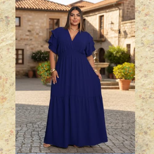 Vestido Longo Plus Size  com Mangas de Babados, Decote V Transpassado Modesta Elegante Cultos Igreja Ocasiões e Festas