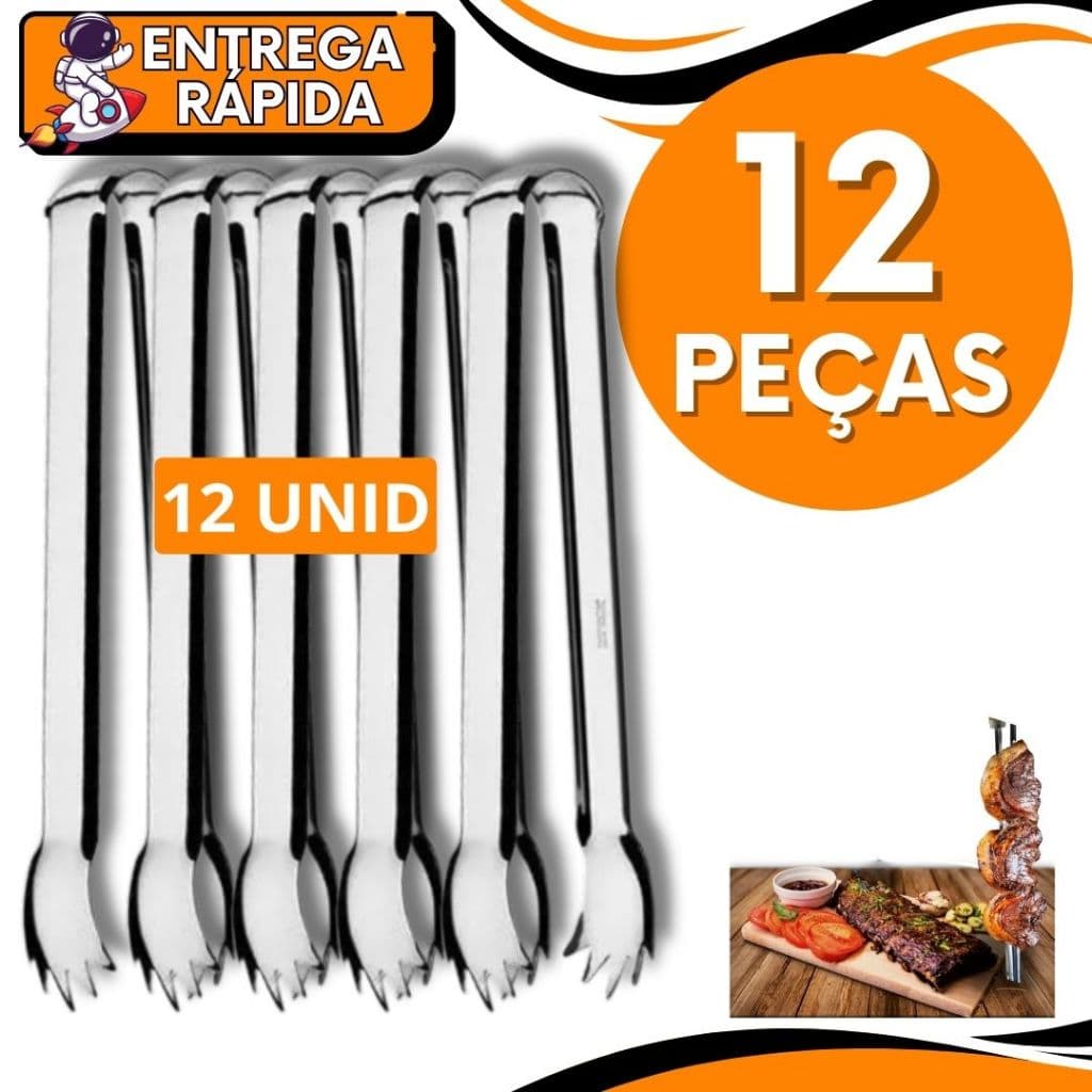 KIT JOGO 12 unid. Pegador de Carne 12,5CM Multiuso Gelo Fruta Frios Petisco Inox Resistente Utensilio de Churrascaria