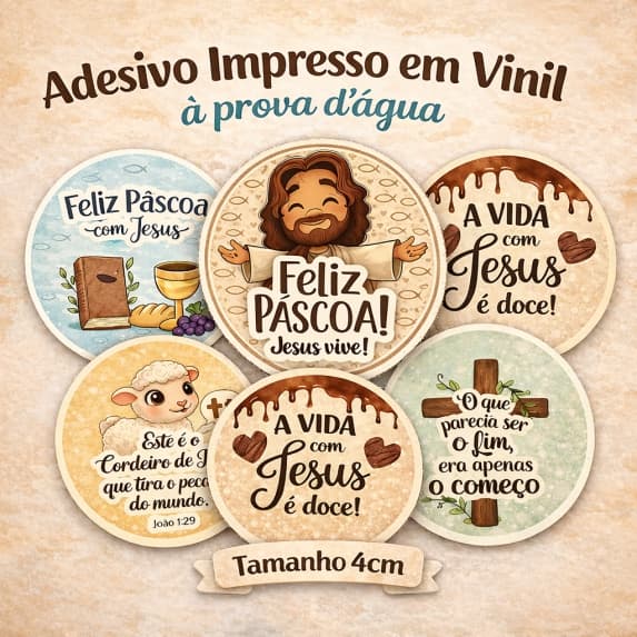 100 Adesivos Comemorativos Feliz Páscoa - 4cm Redondo - Páscoa Crista -- Adesivo Feliz Páscoa Crista
