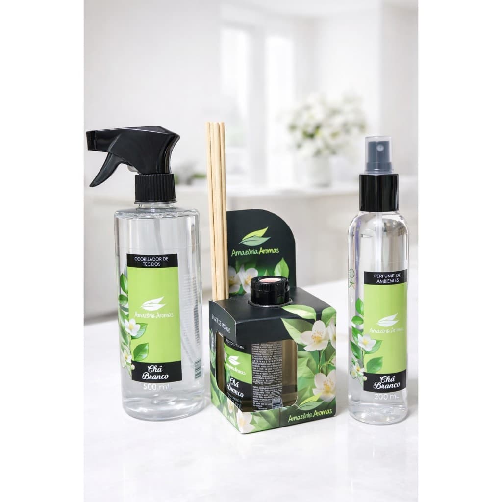 Kit Aromatizador Chá Branco 3 peças: Difusor de ambiente, Perfume de Ambiente e Odorizador de Tecido