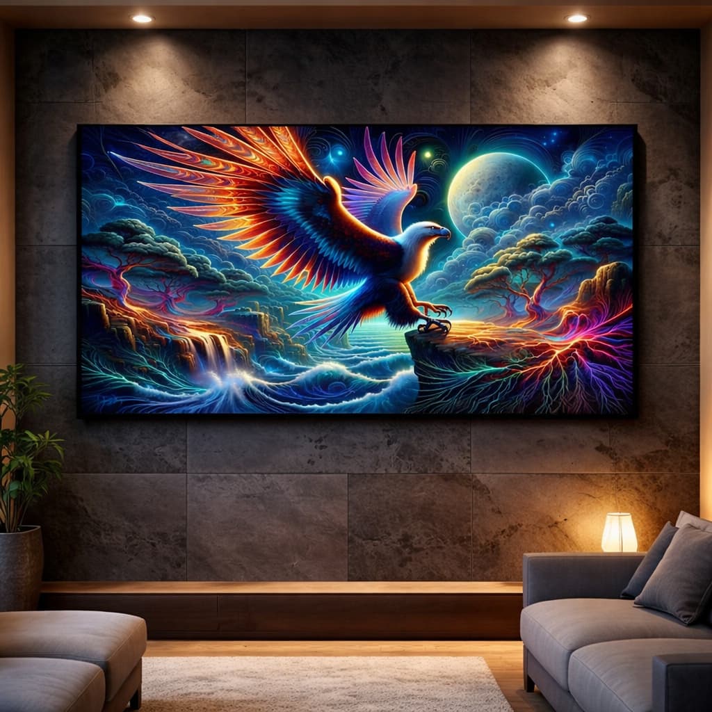 Quadro Decorativo Pintura Águia Bela Iluminada Pela Lua Colorida Sofisticada Luxo