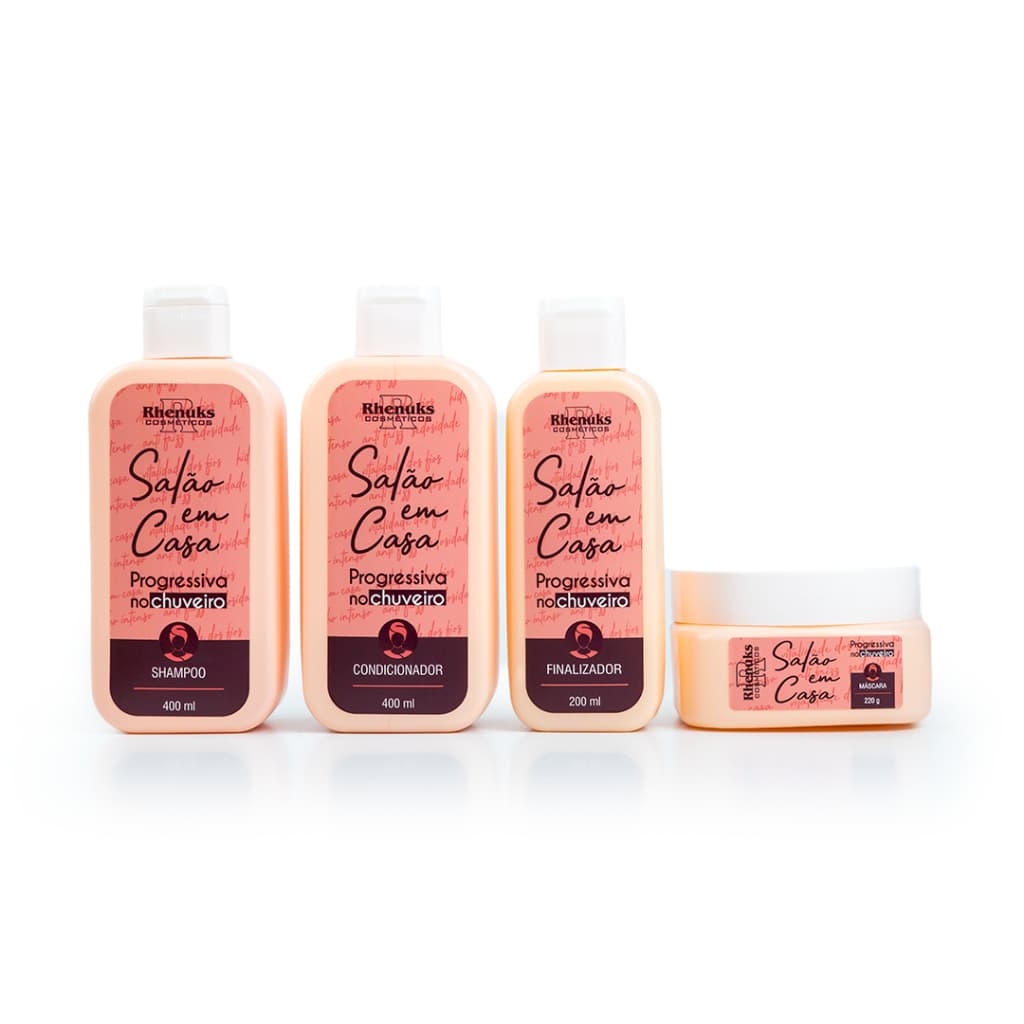 Kit Capilar Rhenuks Salão Em Casa Progressiva No Chuveiro 4 Peças Shampoo Condicionador Máscara Leave In Original