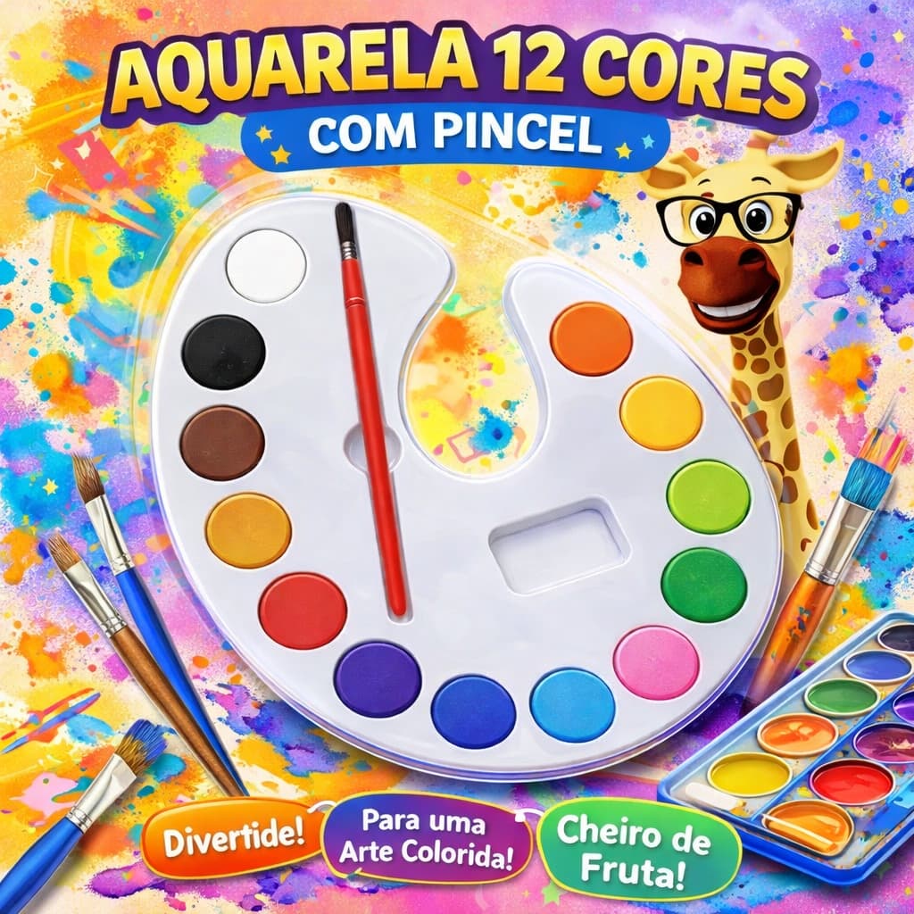 Aquarela De Pastilha 12 Cores Contém 1 Pincel Escolar