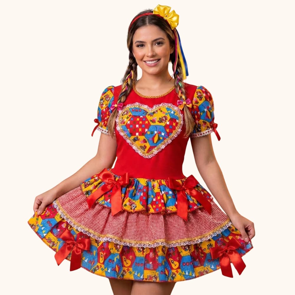 Vestido Caipira Adulto Feminino Festa Junina Rodado Bandeirinha Vermelho