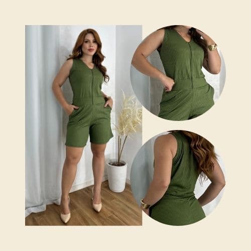 Macaquinho Feminino Camiseta Com Bolso Zíper Frontal Malha Canelada Premium