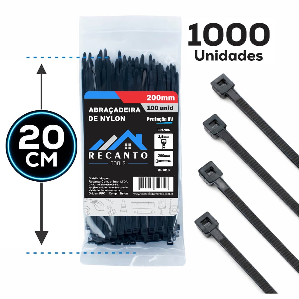Kit 1000 Abraçadeira de Nylon 20cm Enforca Gato Braçadeira Cintas Plásticas - Preta | Branca