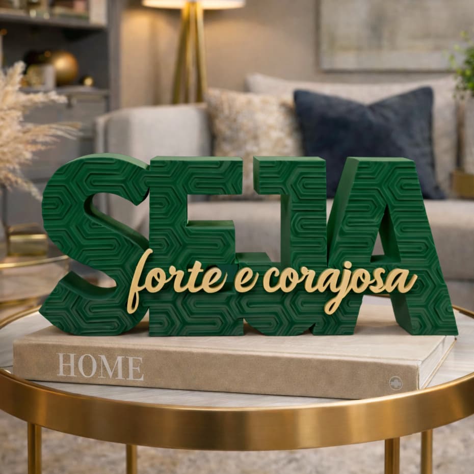 Placa Decorativa Seja Forte e Corajosa Verde e Nude | Presente Inspirador Cristão Decoração Fé Jesus Elegante Moderno