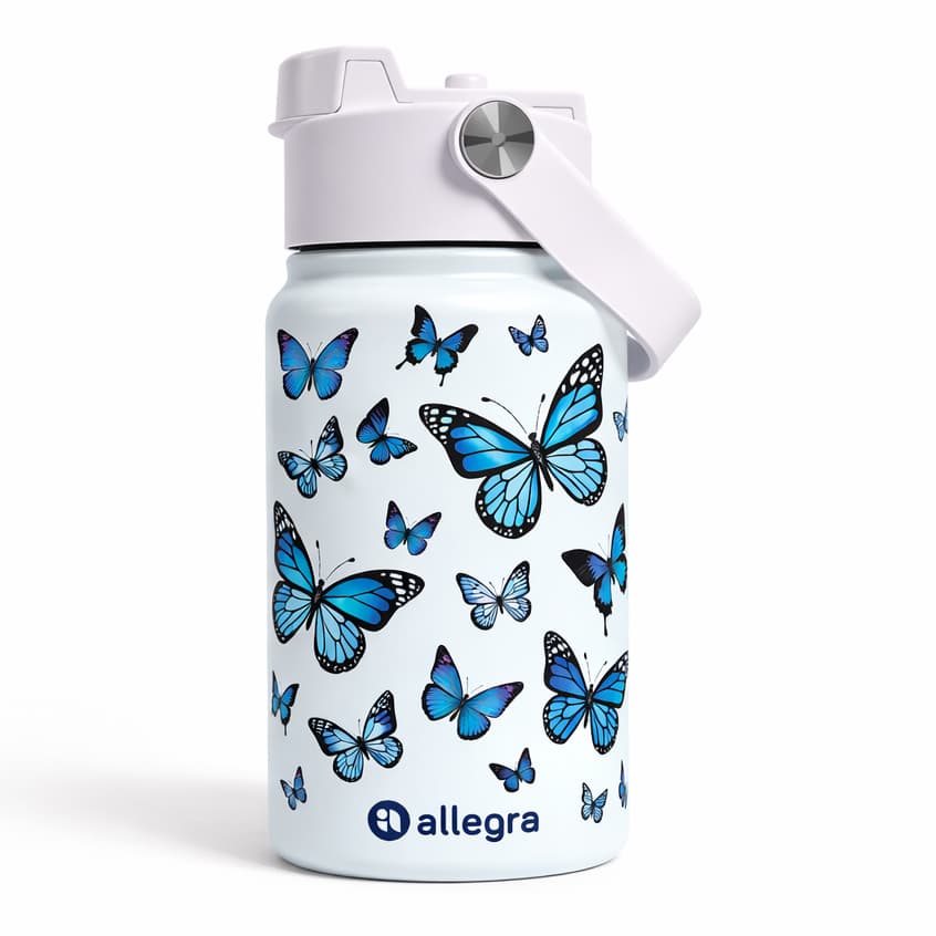 Garrafa Térmica 350ml Canudo Inox Personalizada Borboleta Azul Moderna Delicada Presente