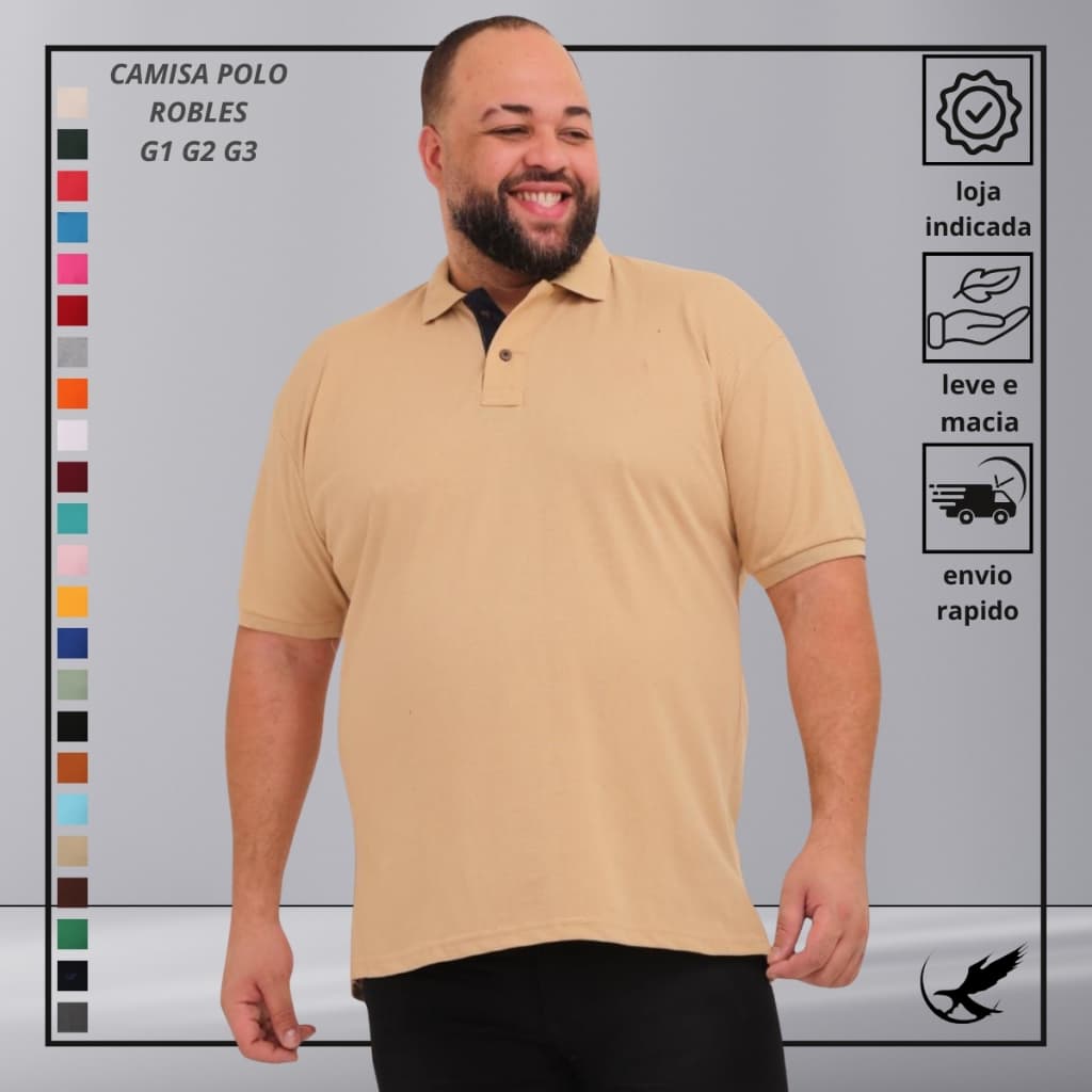 Camisa Masculina Polo Piquet Plus Size Robles G1/G2/G3 polo Clásica, Elegante,Luxo