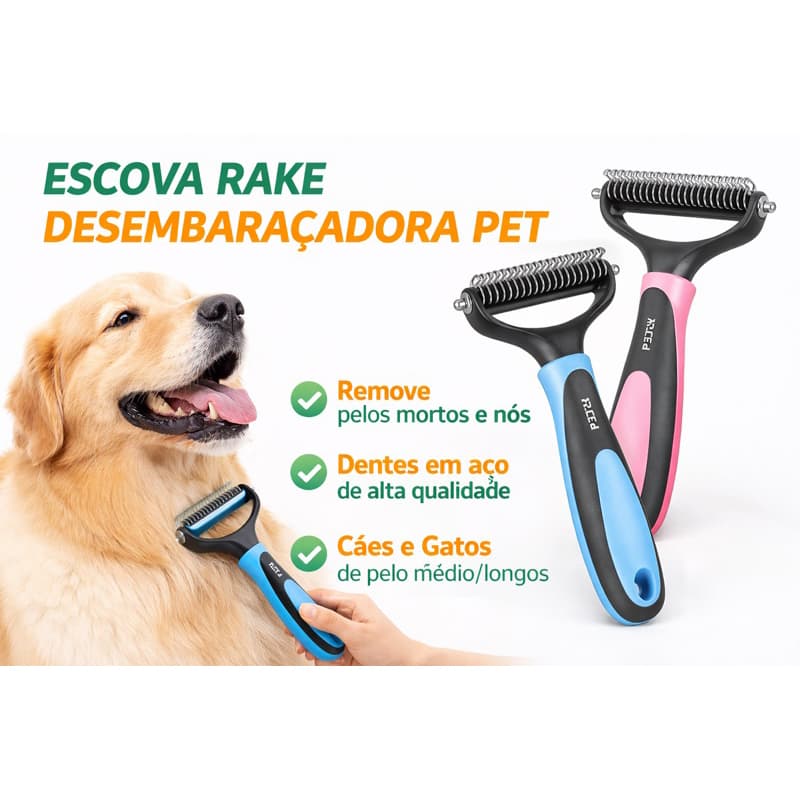 Escova Rake Pet Desemboladora para Cães e Gatos | Rasqueadeira Removedora de Pelos Mortos Profissional
