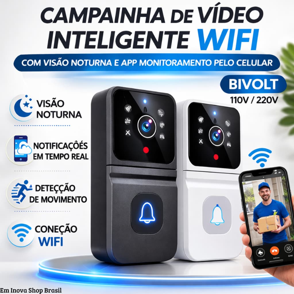 Campainha de Vídeo Inteligente WiFi com Visão Noturna e App Monitoramento pelo Celular - (Cores Sortidas)