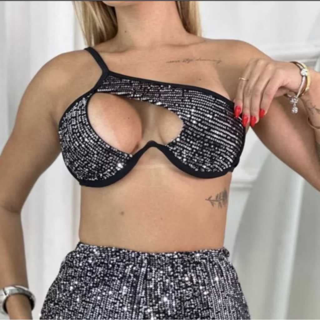 Top Aro V Paete Brilho Decote Cruzado Sustentável Frente Única Amarração Atrás sem Bojo Moda Blogueira Festa Balada