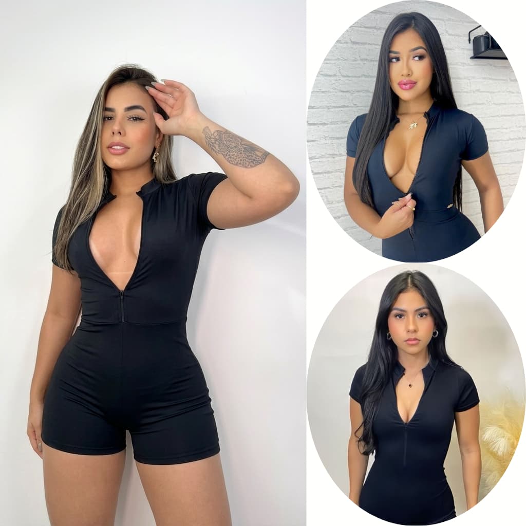 Macaquinho Feminino Moda Gringa Fitness Macacão Gringo Shorts Curto Manga Curta Ziper Moda Blogueira