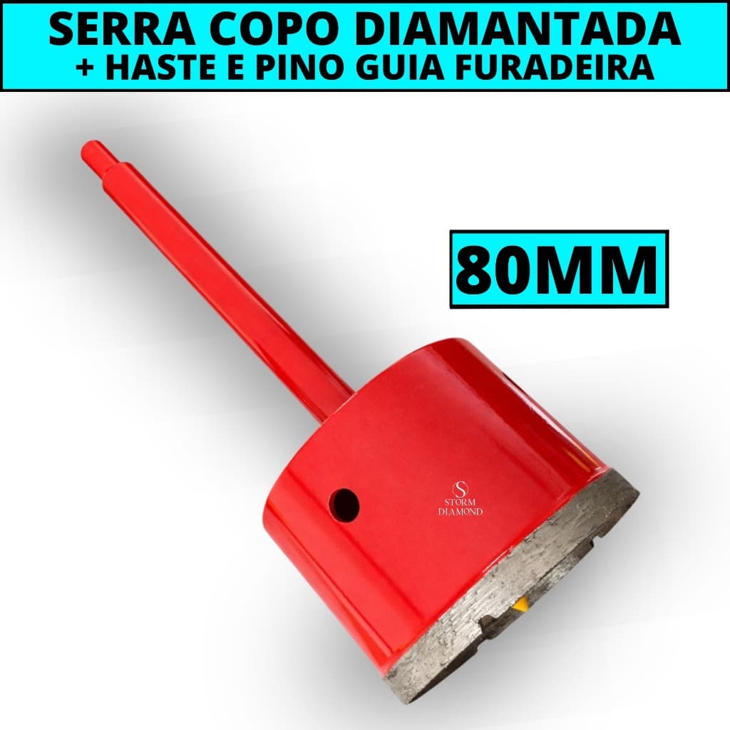 Serra Copo Broca Diamantada 80mm + Haste Comum Ou Sds Martelete Furar Parede Concreto Mármore Pisos