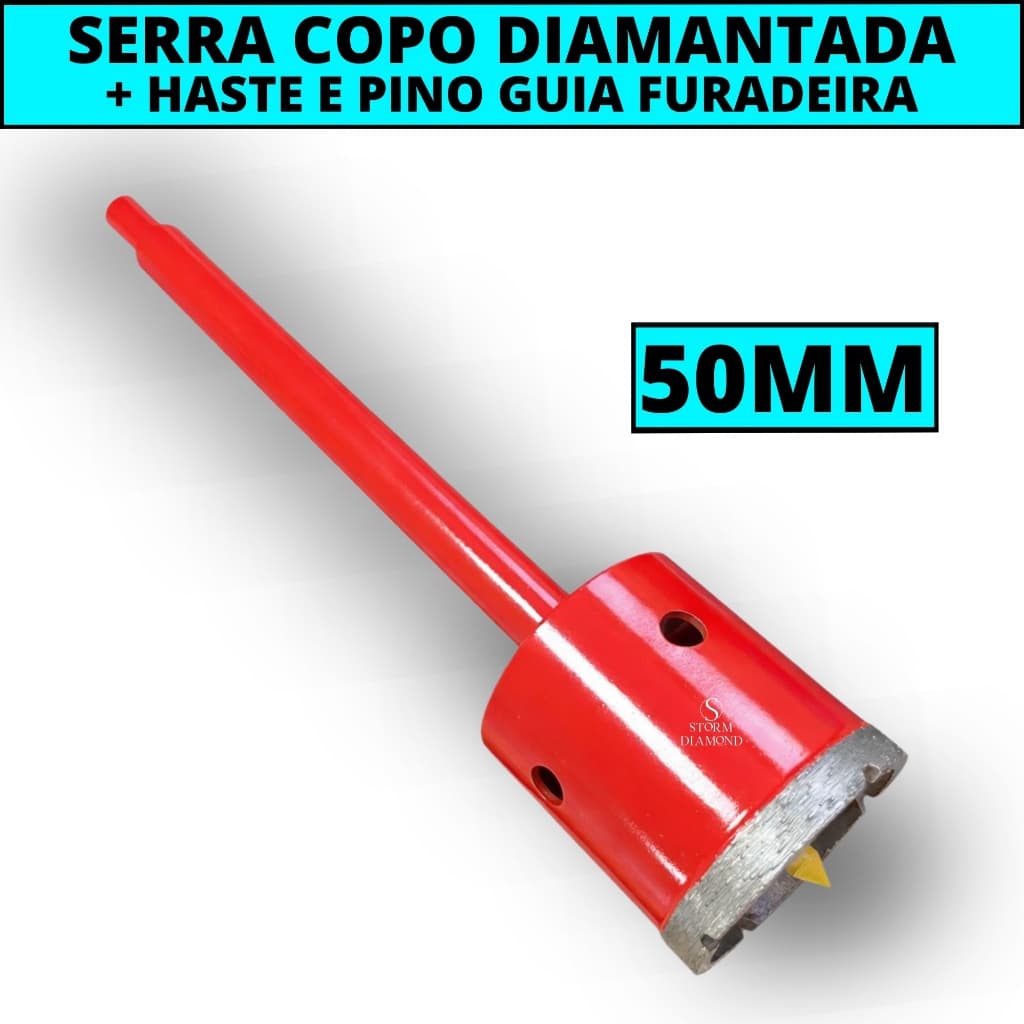 Serra Copo Broca Diamantada 50mm + Haste Comum Ou Sds Martelete Furar Alvenaria Cerâmica Parede Piso
