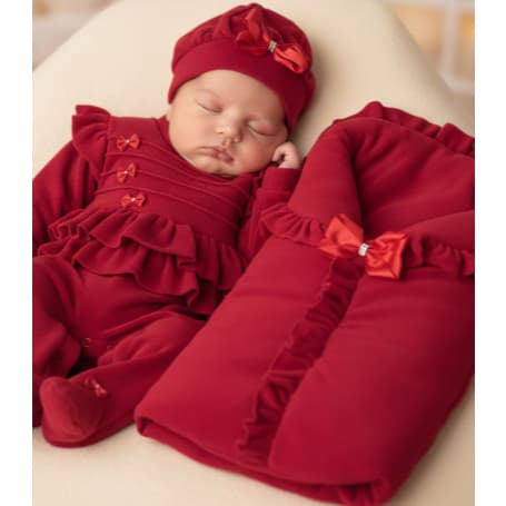 Kit Saída Maternidade Vermelha Bebê Laços Com Saco De Dormir Menina 3 Peças Luxo Delicada