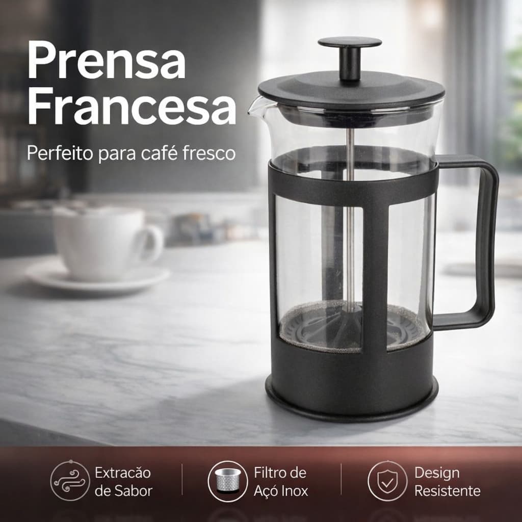 Cafeteira Francesa 300ml Prensa Francesa Manual Cremeira Vidro Resistente Café Chá e Infusão Preparo Rápido Gourmet