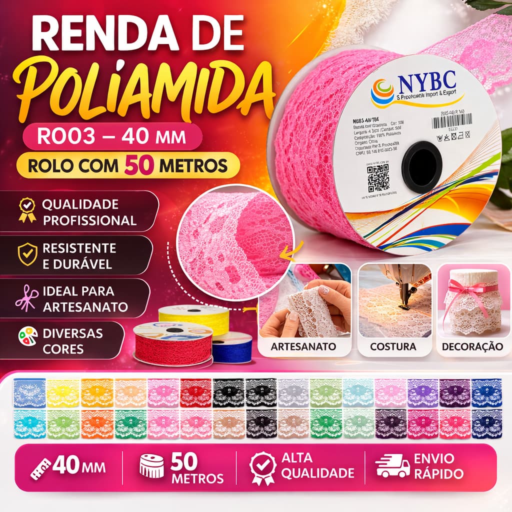 Renda de Poliamida R003 – 40 mm | Rolo com 50 metros