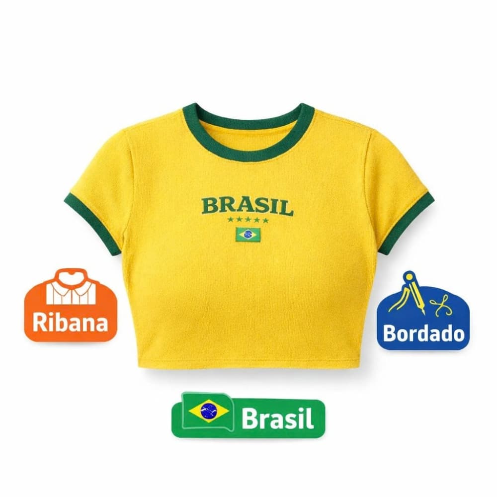 Cropped Feminino Brasil Copa do Mundo 2026  Amarelo Bordado Ribana Premium Baby Look Moda Brasil Core