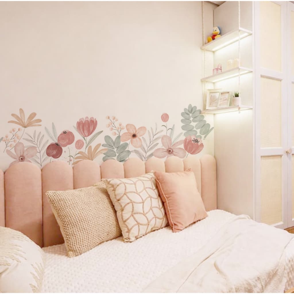 Adesivo Decorativo Floral Aquarela Premium Para Quarto Infantil -  2x faixas decorativas de 1,40 x 0,40 m (cada cartela)