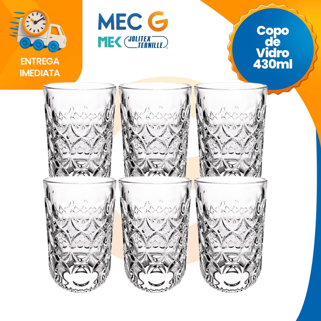 Jogo de Copos Transparente Diamond 6 Copos de Vidro Resistente 430ml Copo Chic