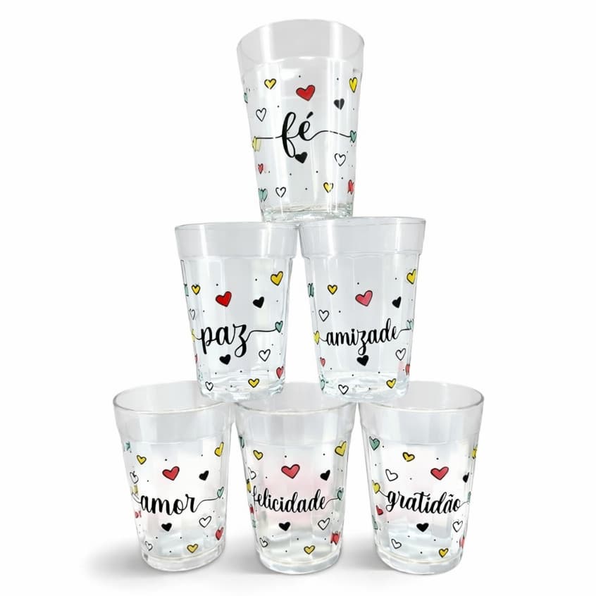 Kit 6 Copos Americanos 190ml em Vidro Decorados com Corações Coloridos Presente