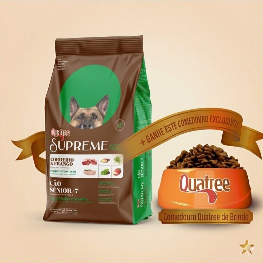 Ração Quatree Supreme Cães Sênior +7 Raças Médias e Grandes Cordeiro e Frango  15kg + Brinde