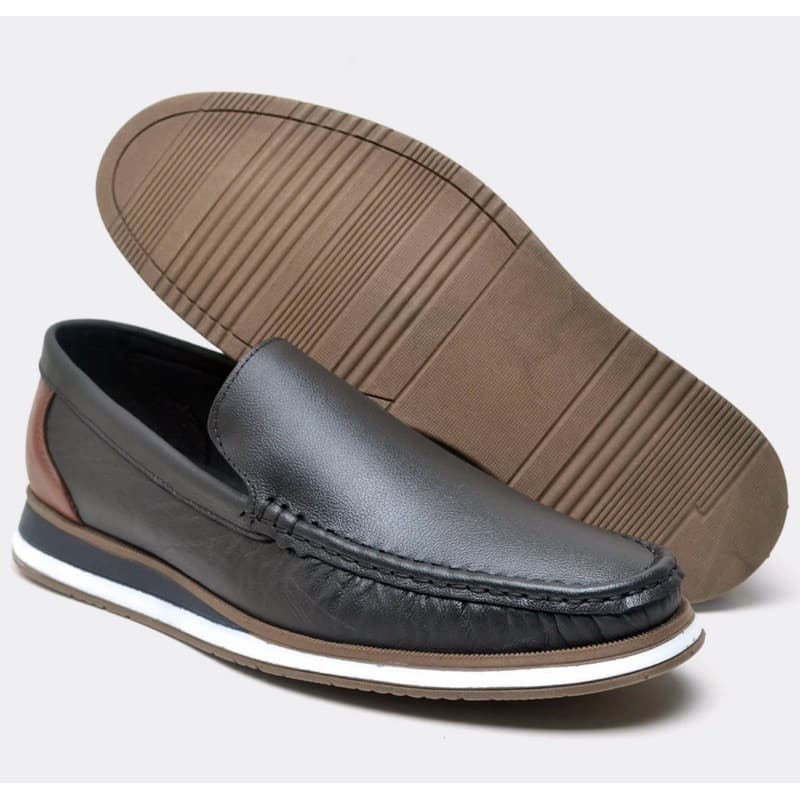 Mocassim Masculino Couro Legítimo Preto e Café Loafer Casual Confortável Social Drive Sapato Premium