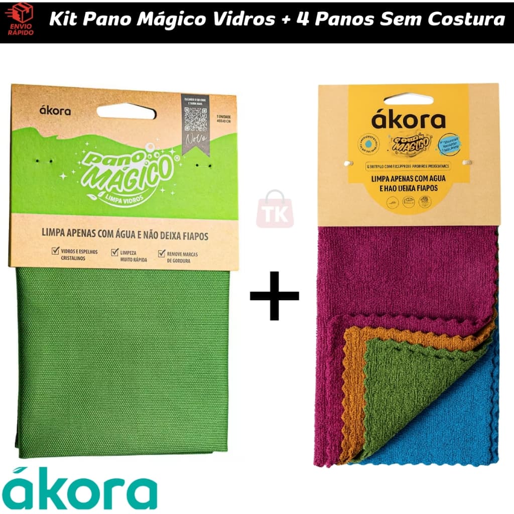 Kit 1 Pano Mágico Ákora Limpa Vidro 40x40cm + 4 Panos Uso Geral 30x30cm Sem Costura Ákora