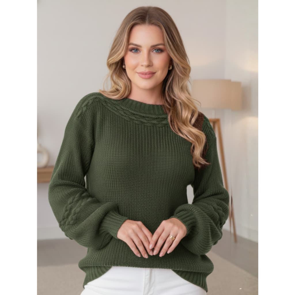 Blusa Tricot Feminino Suéter Textura Elegante Manga Bufante Moda Inverno 2026
