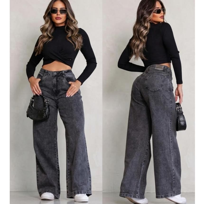 CALÇA WIDE LEG FEMININA JEANS PANTALONA 100% ALGODÃO CALÇA MARMORIZADA