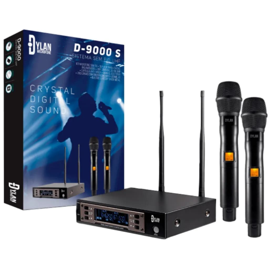 Kit Microfone Sem Fio Duplo Dylan D-9000s Uhf 2 Microfones Alcance 100 Metros