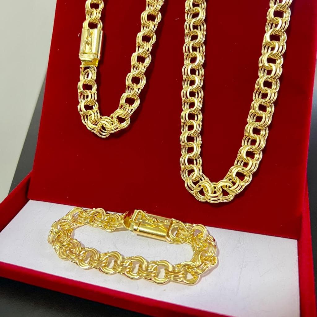 CORDÃO CORRENTE TRIFRISO MADRI 12mm 70CM - PULSEIRA 21CM MOEDA ANTIGA PURA COR DE OURO 18K MASCULINO