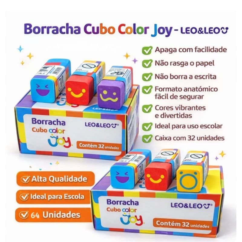 Borracha Cubo Leo&Leo Decorada Escolar Atóxica Colorida Kit 4 8 12 16 20 64 Peças Revenda