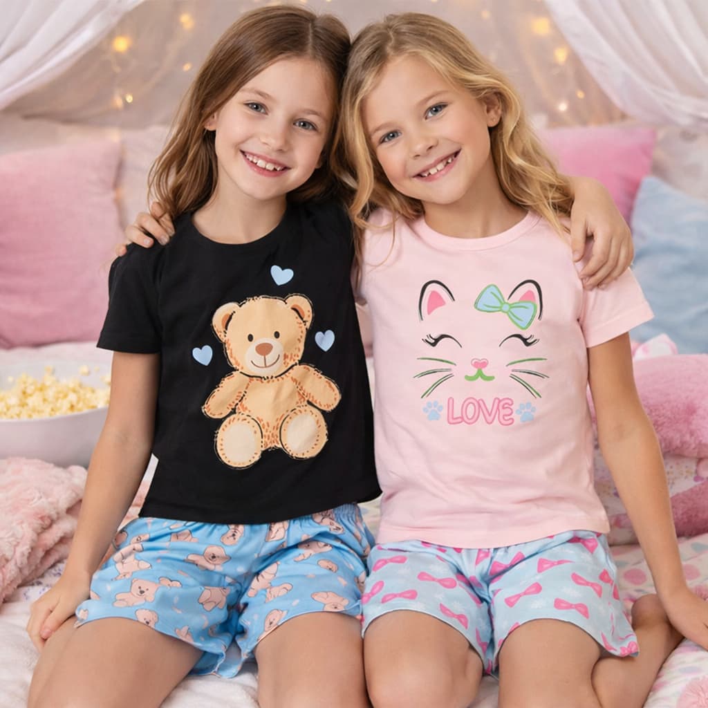 Kit 2 Pijamas Menina Infantil Estampa Delicada Brilha no Escuro Conforto para Noite e Festa do Pijama
