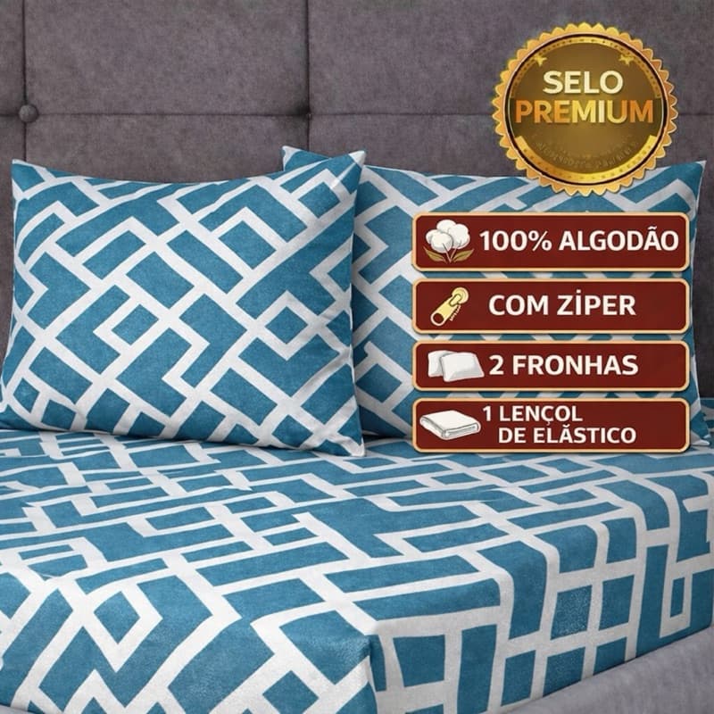 Kit Lençol Malha Queen Box Casal 100% Algodão com Fronha – Estampa Geométrica Azul | 3 Peças