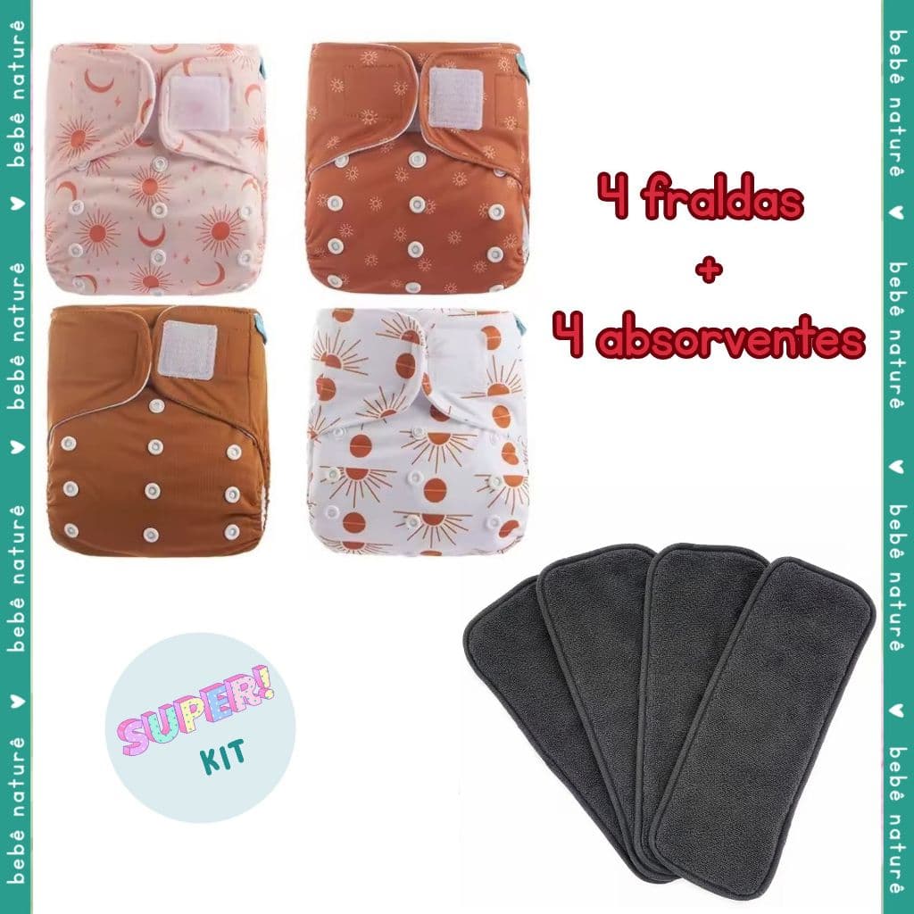 KIT 4 fraldas ecológicas + 4 absorventes de carvão - HAPPYFLUTE - reutilizáveis/de pano