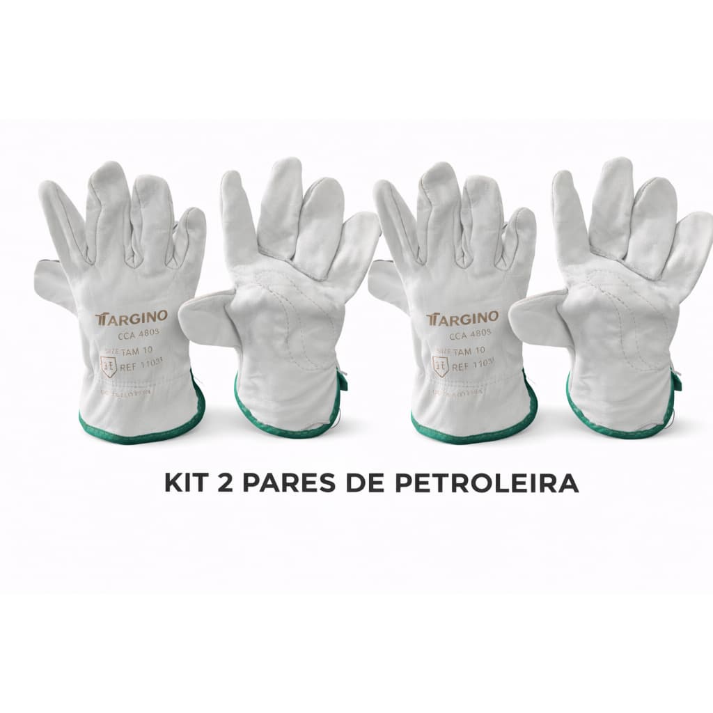 Kit 2 Pares Luva Segurança Couro Vaqueta Total Petroleira C.A c/Reforço Resistente EPI Pedreiro Eletricista Serralheiro
