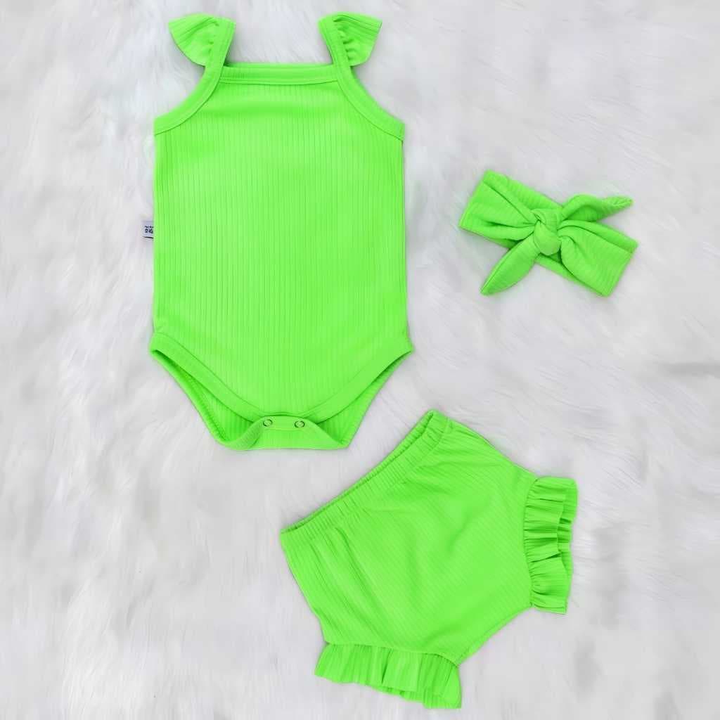 Conjunto Body e Shorts de Fru-Fru Canelado Colorido Neon Infantil Bebê Menina Verão Passeio