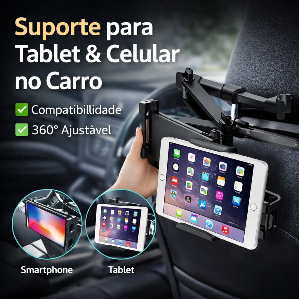 Suporte para Tablet e Celular no Carro Encosto de Cabeça Ajustável 360° Universal