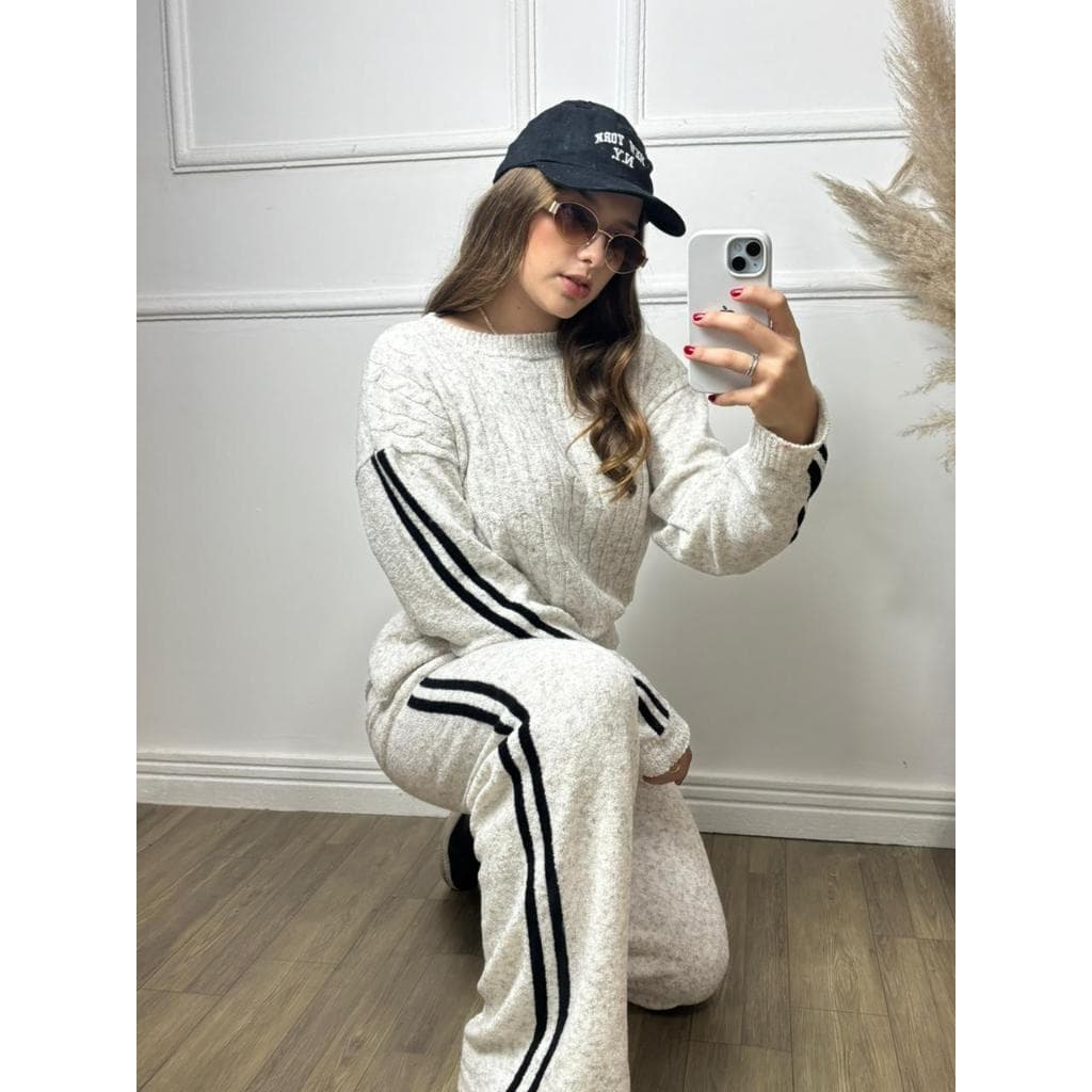 Conjunto de Frio Inverno Calça e Blusa Mousse Casual Moda Feminina Listrada Lançamento Trico Tricot