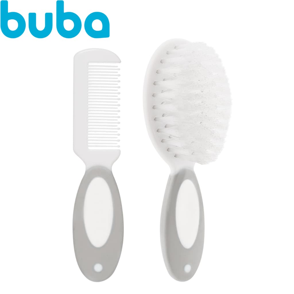 Kit Escova e Pente Cerdas Macias Cinza BUBA | Escova e pente para cabelo bebê infantil